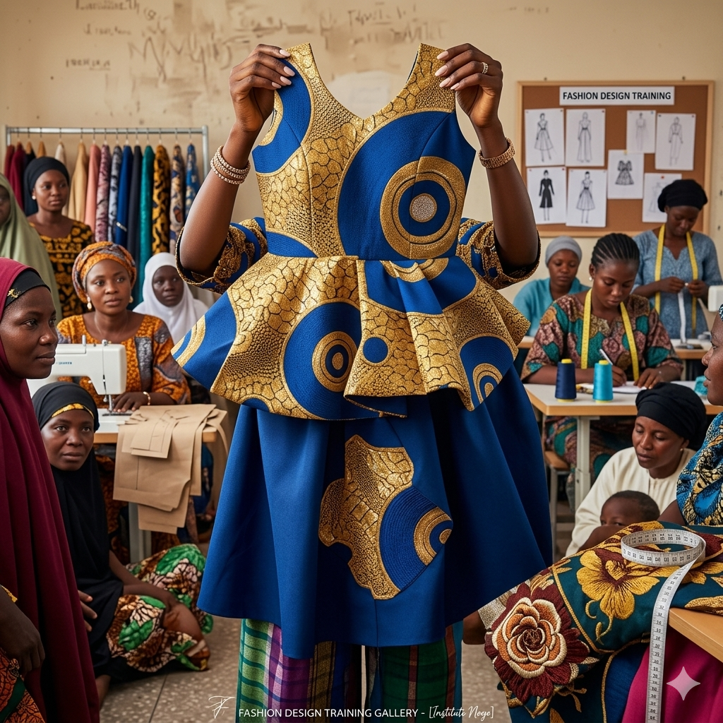 Fashion design class with sewing machines and fabrics